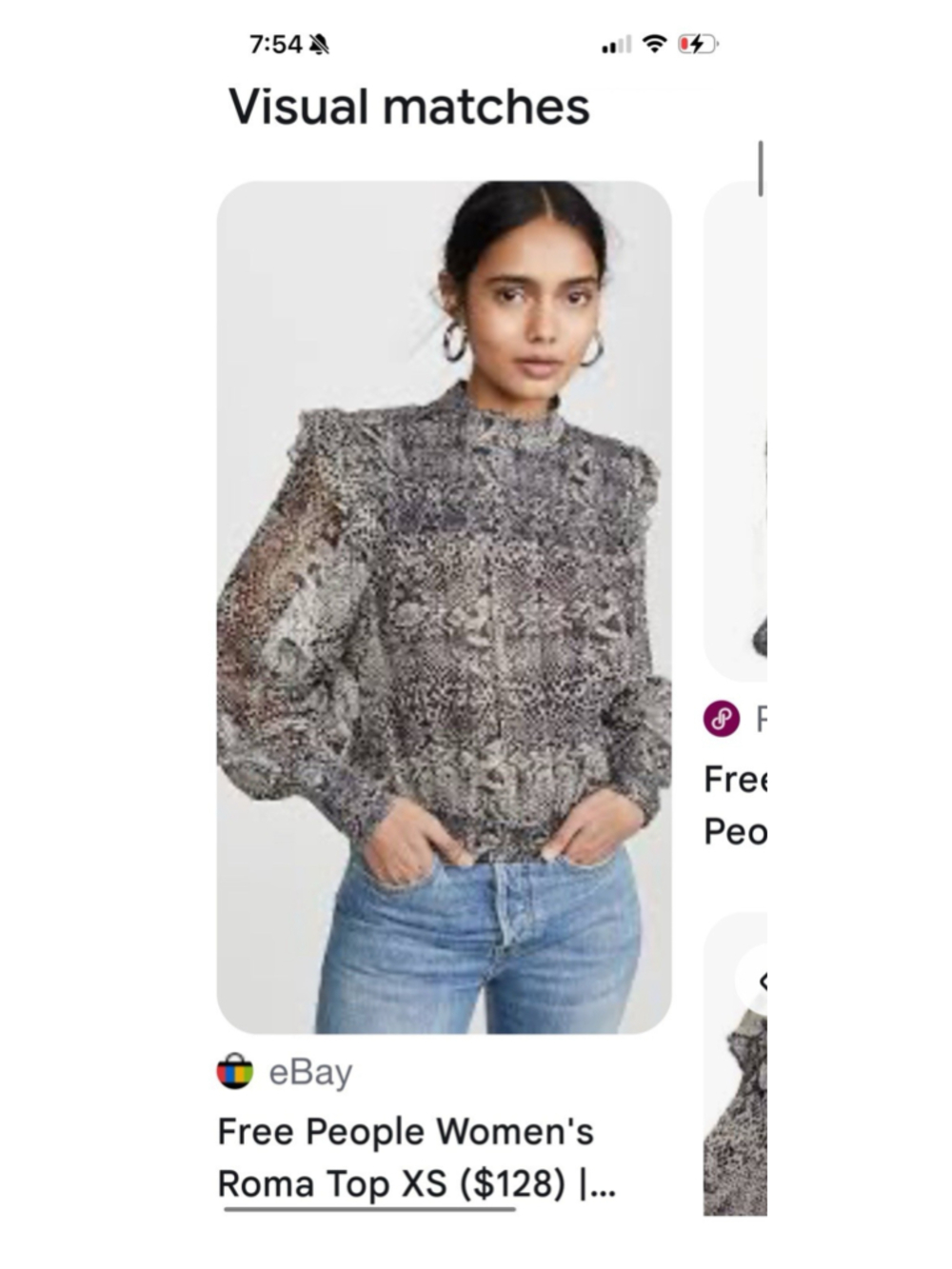 Free People Roma Blouse Snakeskin Print Ruffle Trim Long Sleeve Top Size S